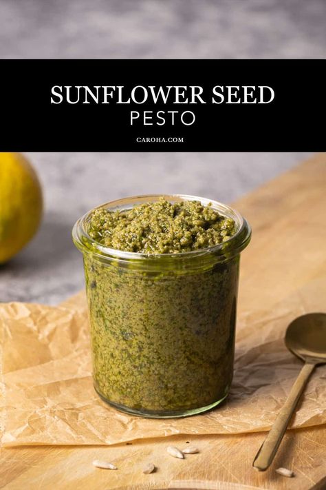 Sunflower seed pesto in a glass jar on a wooden board. Sunflower Seed Pesto, Dried Basil Leaves, Pesto Dressing, Easy Marinades, Slow Roasted Tomatoes, Quick Salads, Toasted Pumpkin Seeds, How To Make Pesto, Homemade Pesto