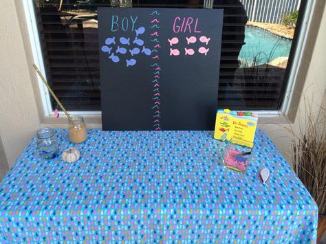 One fish two fish pink fish or blue fish?! Baby gender reveal party, fishing theme Fishing Gender Reveal, Baby Shower Fishing, Baby Gender Reveal Party Decorations, Pregnancy Gender Reveal, Gender Reveal Party Theme, Gender Reveal Themes, Baby Reveal Party, One Fish Two Fish, Gender Party