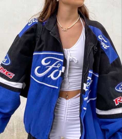 Racer Jacket Outfit, Racing Jacket Outfit, 200k Followers, Nascar Racing Jacket, Jacket Outfit Women, Oufits Casual, Racer Jacket, Baggy Clothes, Ford Racing