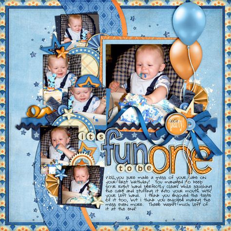 It's Fun to Be One - Scrapbook.com 1st Birthday Scrapbook Pages, 1st Birthday Scrapbook Layouts, Birthday Layout, Scrapbook Birthday, Scrapbook Layout Ideas, Baby Boy Scrapbook Layouts, Birthday Scrapbook Layouts, Birthday Scrapbook Pages, Boy Scrapbook Layouts