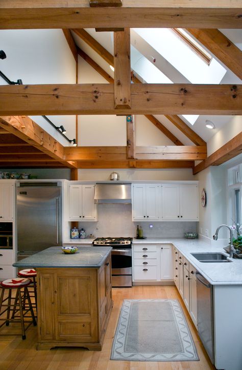 Half Vaulted Kitchen Ceiling, Cape Interior, Black Beams, Cabin Addition, Ceiling Lighting Ideas, Vaulted Ceiling Lighting, Exposed Beams Ceiling, Vaulted Ceiling Kitchen, White Tongue