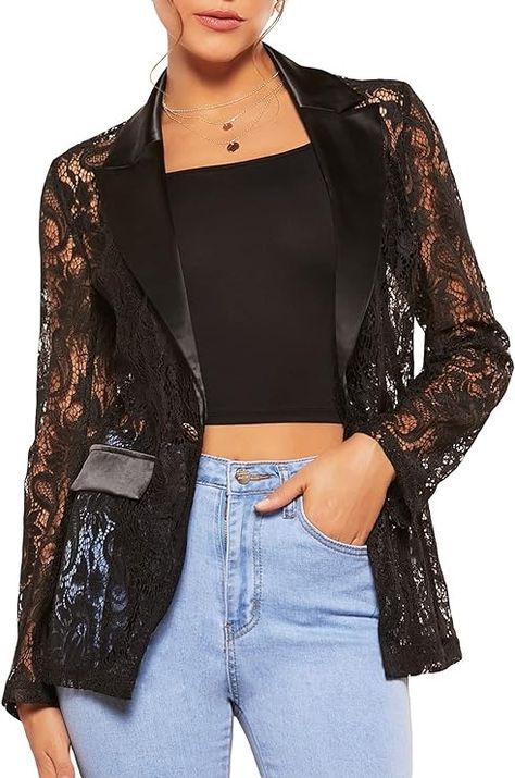 WDIRARA Women's Floral Lace Mesh One Button Lapel Neck Long Sleeve Elegant Jacket Blazer Black S at Amazon Women’s Clothing store Lace Blazer Jacket, Lace Suit, Blazer For Women, Elegant Jacket, Lace Blazer, Long Sleeve Blazers, Blazer Fashion, Jacket Blazer, Only Fashion