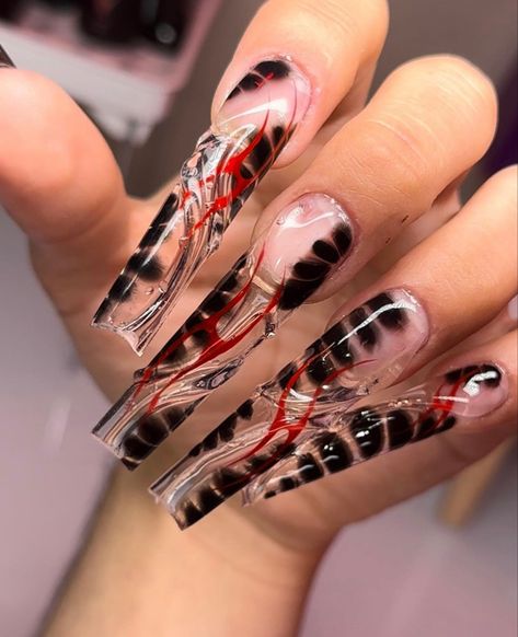 Tooth Gems, Red Theme, Tap Tap, Edgy Nails, Grunge Nails, Exotic Nails, Spotify Apple, Unique Acrylic Nails, Bling Acrylic Nails