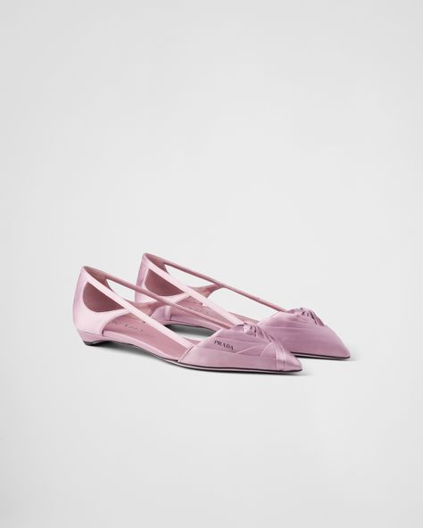 Confetti Pink Satin Cut-out Ballerinas | PRADA Pink Prada Bag, Luxury Wishlist, Re Edition Prada, Prada Heels, Prada Pink, Prada Collection, Rose Shoes, Ballerina Slippers, Luggage Bags Travel