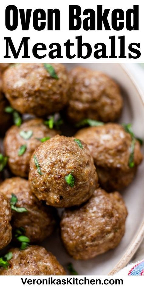 Baked meatballs, topped with chopped parsley, in a bowl. Recipe Meatballs, Italian Nonna, Bowl Of Spaghetti, Oven Baked Meatballs, Baked Meatballs, Homemade Marinara Sauce, Tender Meatballs, How To Make Meatballs, Meatball Bake