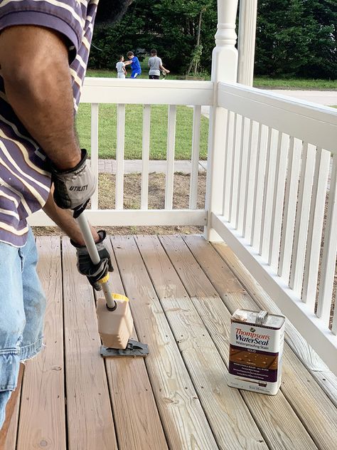 Wood Floor Front Porch, Thompsons Water Seal Deck, Front Porch Stain Ideas, Thompson Water Seal Stain Colors, Back Porch Paint Ideas, Front Porch Stain Colors, Porch Stain Colors Wood, Stained Front Porch, Porch Stain