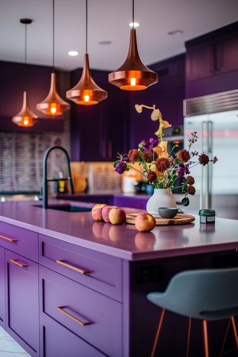 Looking to add a pop of color and sophistication to your cooking space? Discover amazing purple kitchen ideas that bring elegance and modern flair to your home. From rich plum cabinets to soft lavender accents, these designs show how a splash of purple can transform any kitchen into a cozy culinary oasis. Check out our best tips, tricks, and designs showcasing various shades of purple. Whether you love bold and dramatic looks or subtle touches for a fresh vibe, there’s something here to inspire your own kitchen makeover! Purple Cabinets Kitchen, Plum Cabinets, Purple Kitchen Ideas, Purple Kitchen Cabinets, Lilac Kitchen, Purple Kitchen Decor, Purple Interior Design, Purple Cabinets, White Tile Backsplash