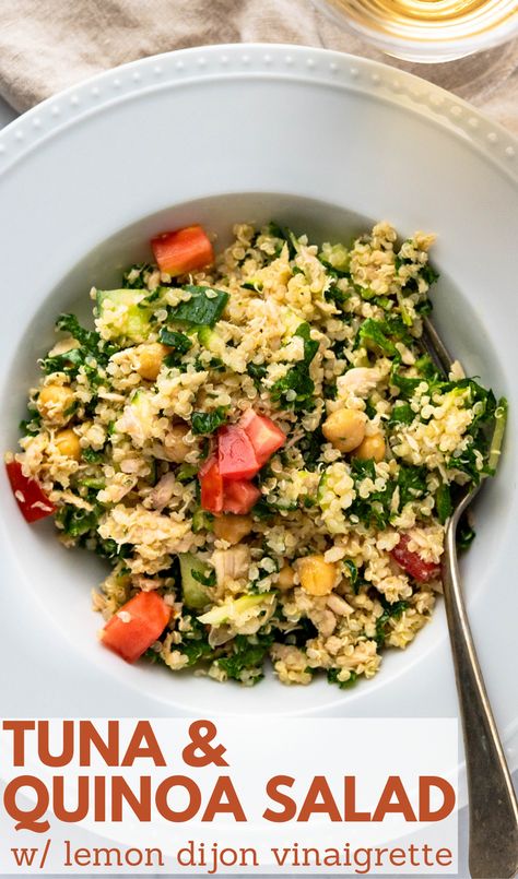 A serving of chickpea tuna salad in a bowl with a fork. Tuna Quinoa, Lemon Dijon Vinaigrette, Make Ahead Lunch, Best Tuna Salad Recipe, Quinoa Kale, Healthy Quinoa, Healthy Food Habits, Healthy Food Menu, Healthy Food Guide