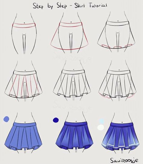 Skirt Drawing, Anime Skirts, Drawing Instructions, Fashion Drawing Tutorial, Skirt Tutorial, Hur Man Målar, Dress Drawing, Dress Sketches, Step Drawing