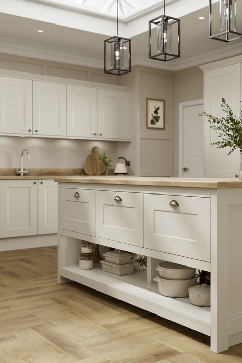 Kitchen Cream Countertops, Cream Kitchen With White Cabinets, Cream White And Wood Kitchen, Neutral Kitchen Ideas Farmhouse, Kitchen Cup Handles, Neutral Colour Kitchen Ideas, Cream Kitchen Island, Cream Kitchen With Island, Cream Wood Kitchen Ideas