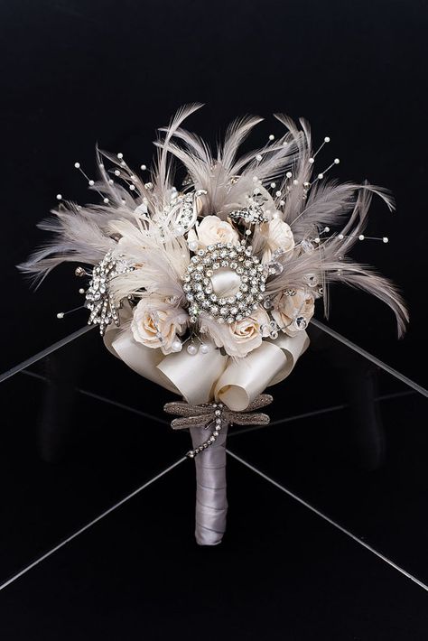 Winter Wonderland Vintage Bridal Bouquet by VintageBridalBouquet, £220.00 Bouquet With Feathers, Vintage Bridal Bouquet, Jeweled Bouquet, Bridal Brooch Bouquet, Tropical Wedding Flowers, Wedding Brooch Bouquets, Bride Bouquet, Winter Wonderland Wedding, Wedding Brooch