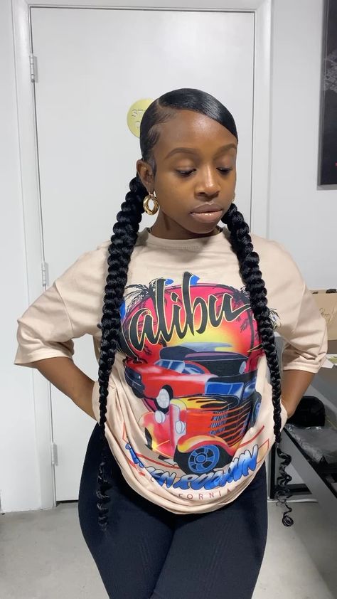 dabraiderr on Instagram: Swoop bang 😍😍 Two braids always better than one ! @dallasalexiaxo True Barbie Doll 👱🏾‍♀️ Two Slick Back Braids Hairstyle Black Women, Pigtail Ponytail Weave, Slick Back Braided Pigtails, Slick Braided Pigtails, Two Slick Braids, Two Braids With Swoop, Two Slick Back Braided Ponytail Weave, Two Braid Ponytail For Black Women, 2 Pigtail Braids