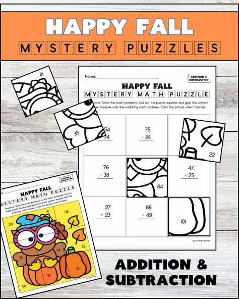 Are you looking for a fun, fall-themed activity to help your students practice addition and subtraction while keeping them engaged and having fun? This Fall Mystery Math Puzzles Set includes 6 pages of 2-digit addition and subtraction math worksheets. Does include some problems with regrouping and borrowing. Solve the 9 math problems, then use the puzzle pieces to match up to the correct answers to reveal a mystery picture to color. Fun and adorable fall-themed pictures your students will love! Mystery Puzzles, Picture To Color, Math Mystery, Subtraction Activities, Math Puzzles, Fall Math, Mystery Pictures, Maths Puzzles, Math Problems