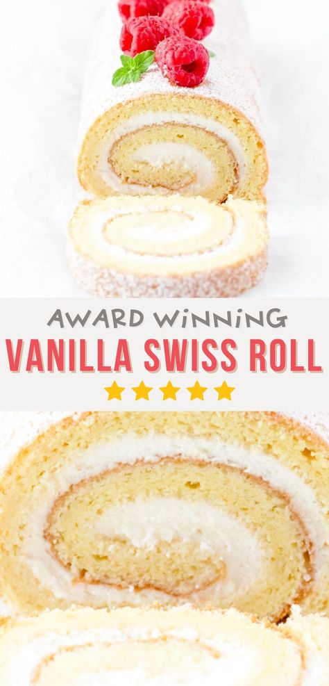 With millions of views, this Vanilla Swiss Roll Recipe is quick and easy to follow, no-fluff, and no-fail!Made with just a few pantry staples, this Swiss roll is pillowy-soft and is guaranteed to roll up beautifully without any cracks! Filled with sweet whipped cream and topped with raspberries, this is the perfect dessert for any occasion! Vanilla Swiss Roll Recipe Sponge Cake, Swiss Cake Roll Cake, White Jelly Roll Cake, Caramel Cake Roll, White Cake Roll Recipes, Vanilla Swiss Roll Cake, How To Make A Swiss Roll Cake, Jelly Roll Recipe Easy, How To Make A Cake Roll