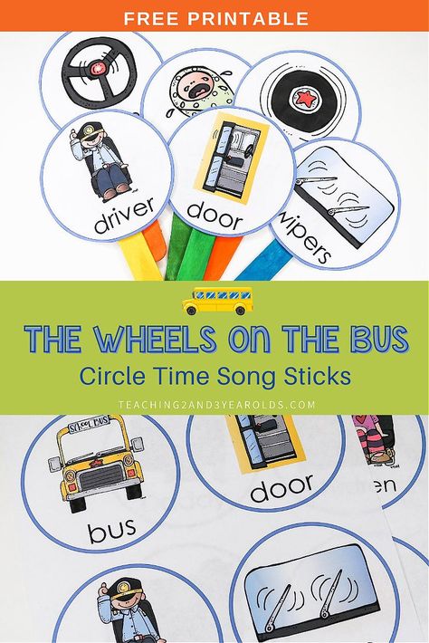 Download these free The Wheels on the Bus printable song sticks to use during your circle time! #circletime #music #fingerplays #songs #thewheelsonthebus #toddlers #preschool #teachers #homeschool #printable #teaching2and3yearolds Preschool Songs Printable, Wheels On The Bus Printable Free, Wheels On The Bus Song Printable, Circle Time With Two Year Olds, The Wheel On The Bus Activities, Transportation Circle Time Activities, Songs For Toddlers Circle Time, Wheels On The Bus Activities Toddlers, Bus Activities For Toddlers