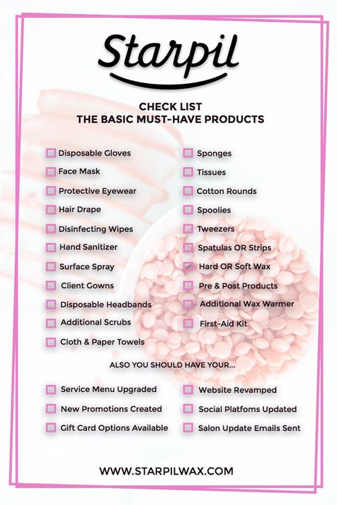 Waxing Business Checklist, Esthetician Retail Ideas, At Home Wax Studio, Esthetician Room Checklist, Esthetician Supply Checklist, Esthetician Supply List, Small Wax Room Ideas, Esthetician Checklist, Esthetician Building