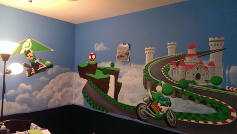 Mario Kart 8 themed Baby Nursery Mario Kart Room Decor, Mario Kart Bedroom, Mario Kart Room, Mario Mural, Ayden Lee, Racing Room, Nintendo Christmas, Mario Bedroom, Super Mario Room