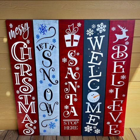 Christmas Holiday Porch Signs - MERRY CHRISTMAS Porch Sign - Holiday Welcome Signs - Holiday Gift - Winter Welcome Signs Size - 4 ft x  9" wide - approximately. Wood is approximately 3/4" thick! IF YOU HAVE QUESTIONS ABOUT THE OPTIONS PLEASE JUST SEND US A MESSAGE, WE RESPOND QUICKLY AND WOULD BE HAPPY ANSWER ANY QUESTIONS! **Coloring hues may vary by screen** Every sign is hand stenciled and painted, no vinyl! Each is then sealed with a polycrylic sealer to help shield it from the elements. The Front Porch Christmas Signs Wooden, Rustic Christmas Porch Signs, Holiday Porch Signs Diy, Christmas Porch Boards, Christmas Door Signs Front Porches, Christmas Welcome Signs Front Porches, Porch Leaner Sign Diy, Christmas Porch Leaners, Christmas Boards Signs