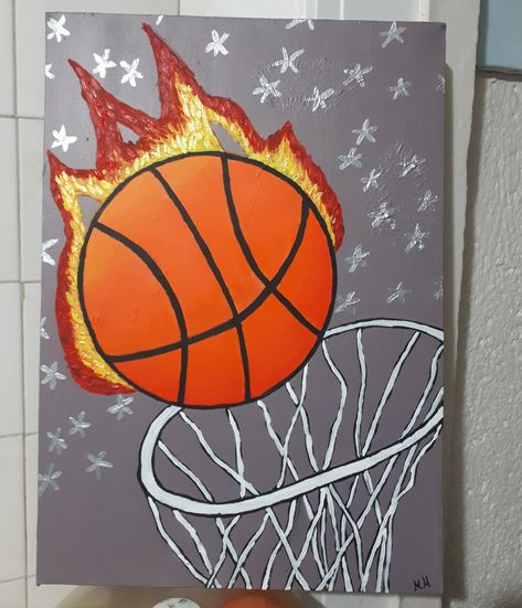 Basketball Art Paintings, Basketball Painting Ideas On Canvas, Boy Painting Ideas, Basketball Painting Ideas, Basketball Canvas Painting, Basketball Painting, Mini Tela, Birthday Canvas, Kids Painting Party