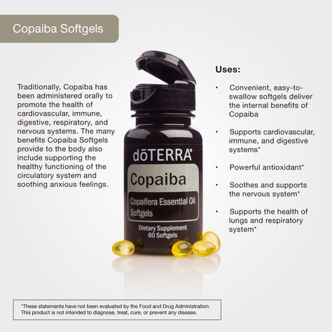 Copaiba Softgels provide a daily dose of Copaiba Essential oil in a convenient easy-to-swallow softgel. When taken internally,Copaiba essential oil may help support the nervous, cardiovascular, immune, digestive, and respiratory systems. Doterra Copaiba, Copaiba Oil, Doterra Oils Recipes, Copaiba Essential Oil, Must Have Products, Essential Oil Education, Are Essential Oils Safe, Doterra Essential Oils Recipes, Essential Oils Guide