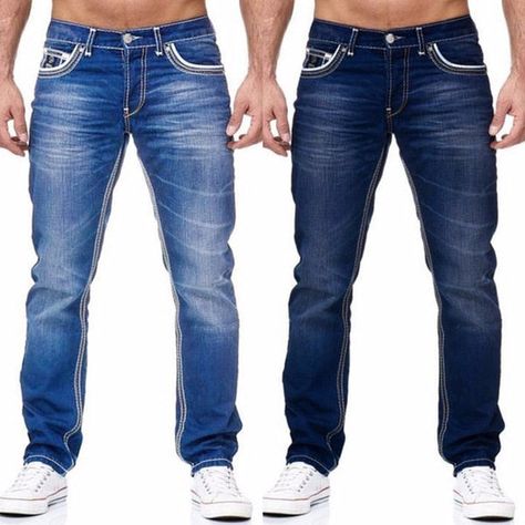 Men's High Waist Jeans Stay stylish in these high waist jeans for men. Crafted with button fly, a comfortable fit, and fabric that’s soft but durable, these jeans even feature a distressed look for a unique and trendy finish. Get the perfect length with the full-length cut and straight leg.   Gender: MEN Summer Boyfriend, Long Denim Pants, Business Casual Trousers, Summer Business Casual, Business Casual Summer, Denim Jeans Fashion, Cargo Pants Outfit, Streetwear Jeans, Mens Fashion Jeans