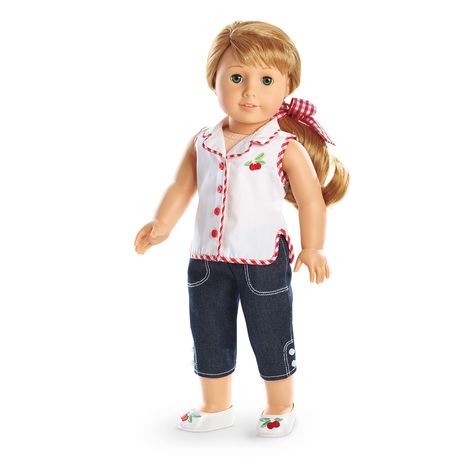 Maryellen's Play Outfit - American Girl Wiki American Girl Maryellen, Maryellen Larkin, Denim Capri Pants, Play Outfit, American Doll Clothes, Ag Doll Clothes, American Girl Clothes, Red Gingham, Girl Doll Clothes