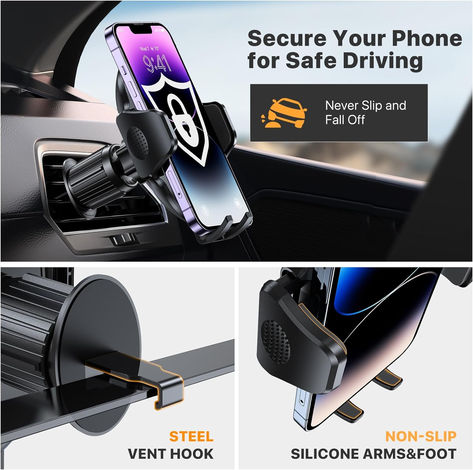 Never Fall Off-Metal Hook Design: Miracase car phone holder adopts simplified locking design. The steel metal hook will catch one of car air vent blades and provide excellent strudiness. It will work well for your car even in extremely harsh environments. NOTE: ONLY Compatible with horizontal and vertical vents. Not suitable for round vents Cell Phone Car Mount, Tech Gear, Phone Cables, Smart Tech, Slip And Fall, Phone Mount, Car Phone Holder, Car Mount, Fashion Toys