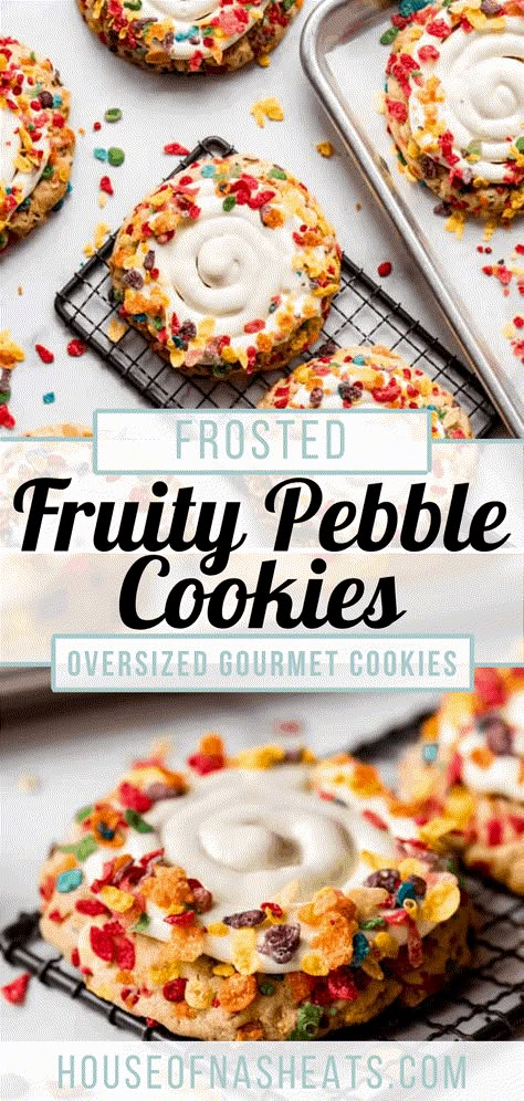 Frosted Fruity Pebbles Cookies are oversized gourmet cookies that will take you back to those early mornings before school at your kitchen table crunching on a big bowl of Fruity Pebbles and cold milk. Not only is this colorful cookie fun to look at, but the cream cheese & marshmallow frosting make this dessert a childhood dream! Yabba Dabba Doo something amazing today with this recipe! #fruitypebbles #cookies #frosted #gourmet #best #cereal #giant Fruity Pebbles Cookies, Fruity Pebble Cookies, Amazing Cookie Recipes, Fruity Pebble, Fruity Pebbles Cereal, Yabba Dabba Doo, Marshmallow Frosting, Childhood Dream, Gourmet Cookies