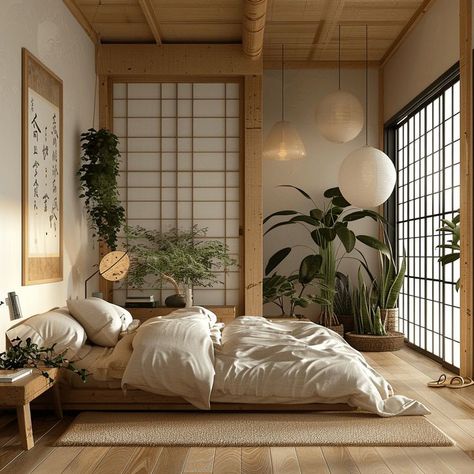 Japanese Inspo Bedroom, Japanese Norwegian Interior, Japanese Small Bedroom Ideas, Interior Of Bedroom, Japandi Small Bedroom Interior Design, Japanese Bedroom Style, Japanese Futon Bedroom Aesthetic, Bedroom Configuration Layout, Zen Room Aesthetic