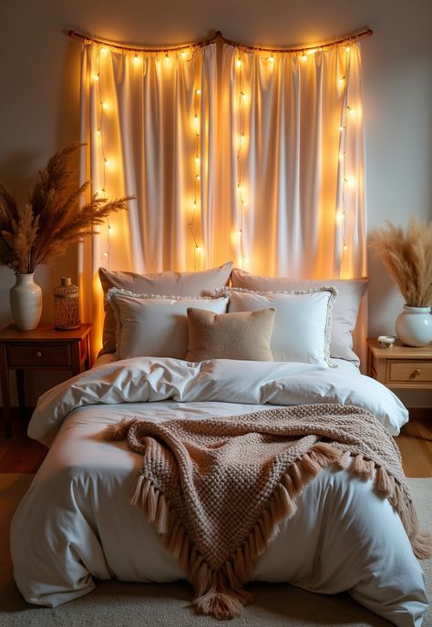 Boho Bedroom with Curtain Lights Lights Behind Bed, Bedroom Curtain Lights, Airy Curtains, Fairy Light Curtain, Curtains Behind Bed, Boho Bedroom Inspirations, Bedroom Curtain, Sparkling Lights, Lighting Setups