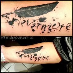 Nevermore Tattoo Idea Nevermore Tattoo, Edgar Allen Poe Tattoo, Poe Tattoo, Nevermore Raven, Literary Tattoos, Raven Tattoo, Feather Tattoo, The Raven, Skin Art