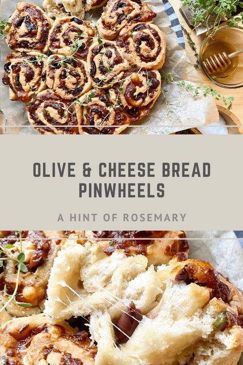 These savory Olive & Cheese Bread Pinwheels are bursting with flavor thanks to the addition of kalamata olives, capers, mozzarella, parmesan & fresh thyme. A Hint of Rosemary #ahintofrosemary #appetizers #bread #cheese #sides #snacks Bread Pinwheels, Olive Cheese Bread, Cream Cheese Bread, Rosemary Bread, Cheese Pinwheels, Bread Cheese, Kalamata Olives, Cheese Bread, Tasty Bites