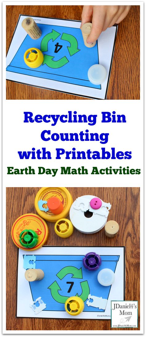 Earth Day Activities - Recycling Bin Counting with Printables Earth Day Math Activities, Earth Day Preschool Activities, Recycled Crafts Kids Preschool, Recycle Preschool, Recycling Activities For Kids, Earth Day Math, Recycling Lessons, Recycling Activities, Recycled Crafts Kids