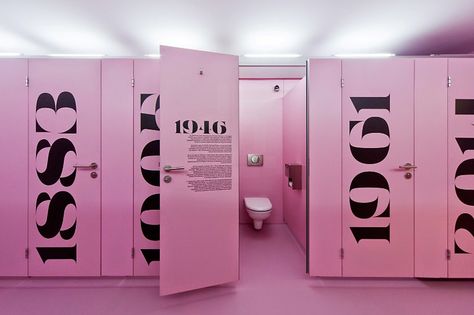 tamas devenyi castle garden bazaar varkert bazar budapest hungary designboom Black Cladding, Public Bathrooms, Pink Toilet, Retro Renovation, Toilet Cubicle, Public Restroom, Toilette Design, Castle Garden, Restroom Design