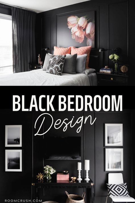 black bedroom bold style Black And White Bedroom Ideas Aesthetic, Black Bed Bedroom, Black Bed Bedroom Ideas, White Bedroom Ideas Aesthetic, Bed Bedroom Ideas, Black And White Bedroom Ideas, Black Walls Bedroom, Black And White Bedroom, White Bedroom Ideas