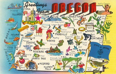 greetings from oregon | Oregon Greetings State Map Postcard Oregon Map, Wyoming State, Ocean Resort, Rock Springs, Warm Springs, State Of Oregon, Salmon Fishing, Oregon Travel, Poster Pictures