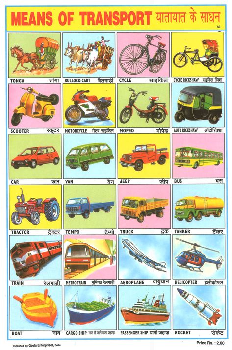 Indian 'Means of transport' Poster Means Of Transport Chart, Earth Day And Night, Transport Pictures, Color Names Chart, Animals Name In English, Logic And Critical Thinking, All About Me Printable, Means Of Transport, English Activities For Kids