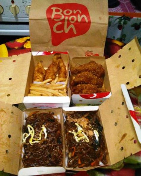 bon chon chicken chunchy garlic, soy garlic fish n french fries, and chap chae Bon Chon Chicken, Chap Chae, Bon Chon, Barbecue Shrimp, Korean Fried Chicken, Garlic Chicken, French Fries, Soul Food, Fried Chicken