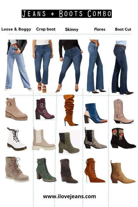 Boots and Jeans combinations to wear for Fall. Perfectly paired boots for Baggy, loose jeans, crop boot cut jeans, Skinny jeans, Flared jeans and Boot Cut jeans. Slouchy Boots Outfit, Flare Jeans And Boots, Flare Outfits, Jeans Combination, Jeans Boots Outfit, Bootcut Jeans Outfit, Boots And Jeans, Jeans Flared, Jeans Outfit Fall