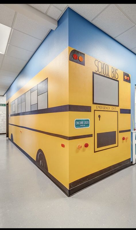 Yellow Hallway, Energy Bus, Compound Wall Design, Bus Art, School Decoration, Compound Wall, Toddler Playroom, School Murals, Magic School Bus