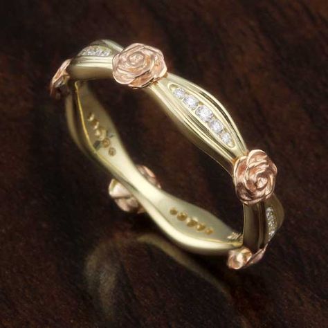 Flower Diamond Wedding Band in 14k yellow gold with 14k rose gold roses and white gold diamonds. Rose Gold Diamond Flower Ring, Rich Wishlist, Rose Gold Roses, Flower Gold Ring, Magical Wolf, Ornate Jewelry, Gold Roses, Future Engagement Rings, Black Hills Gold