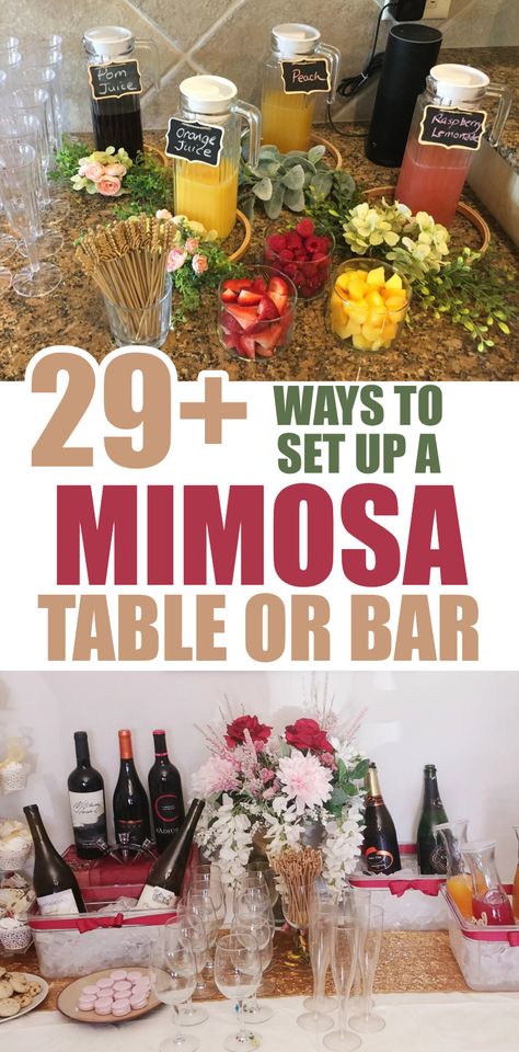 Mimosa Bar Baby Shower Ideas, Mimosa Bar Set Up, Brunch Table Set Up, Momosa Baby Shower Bar, Mimosa Bar Ideas Brunch Party, Mimosa Cart, Shower Drink Station, Breakfast Mimosa, Mimosa Station