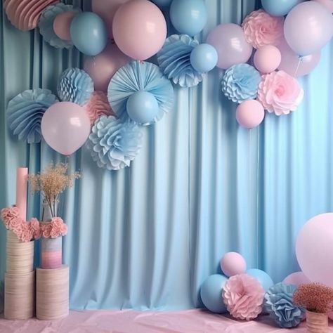 Plan a cute gender-neutral baby shower party and set up an adorable pink and blue themed backdrop decor. Elegantly hang light blue curtains and make it look appealing by decorating it with light blue and pink paper fans, paper flowers, kissing balls, along with light blue & pink balloons. Scatter few pink & light blue kissing balls and balloons on the floor and ooze floral flair by displaying pretty pink rose flowers along with dry bushes in vases to make your party backdrop stand out. Neutral Baby Shower Decor, Party Backdrop Stand, Encanto Theme, Pink Birthday Decorations, Event Decor Ideas, Party Decorations Table, Balloons Flowers, Pink Party Theme, Kissing Balls