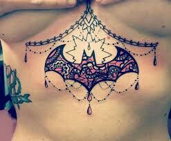 Interesting batman symbol colorful girlie sternum tattoo Small Batman Tattoo Ideas, Batwoman Tattoo, Batman Tattoos For Women, Batman Tatoos, Batman Symbol Tattoos, Batman Tattoos, Mandala Sternum Tattoo, Sternum Tattoo Design, Feminine Symbols