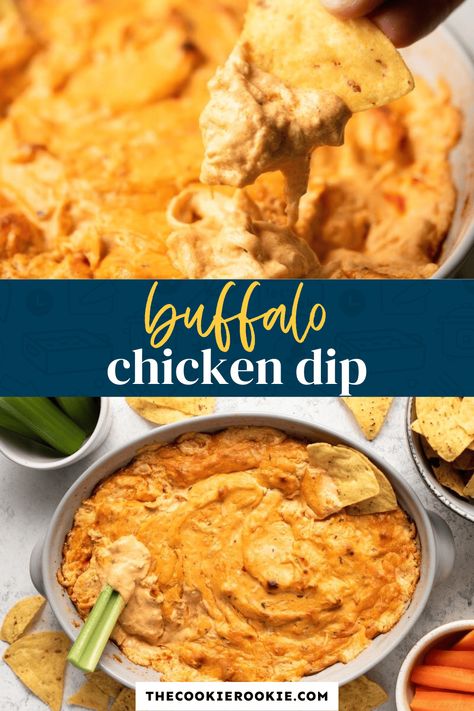 Buffalo Chicken Dip is a party favorite! Made with shredded chicken, cream cheese, ranch, and red hot sauce, this easy oven baked buffalo chicken dip recipe is so simple and insanely delicious. It's the best game day dip and it goes fast. Buffalo Chicken Dip Without Cream Cheese, Slow Cooker Buffalo Chicken Dip, Baked Buffalo Chicken Dip, Chicken Cream Cheese, Slow Cooker Buffalo Chicken, Crockpot Buffalo Chicken, Buffalo Chicken Dip Easy, Chicken Dip Recipe, Buffalo Chicken Dip Recipe