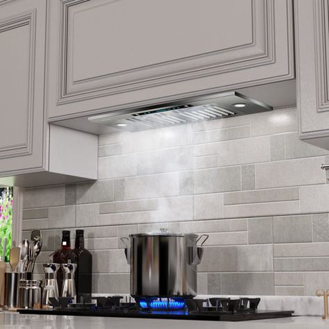 IKTCH 28" 900 CFM Ducted Insert Range Hood in Stainless Steel with Remote Control Included | Wayfair Ductless Range Hood, Kitchen Vent Hood, Oven Hood, Cabinet Inspiration, Hood Ideas, Kitchen Vent, Kitchen Exhaust, Lala Land, Under Cabinet Range Hood