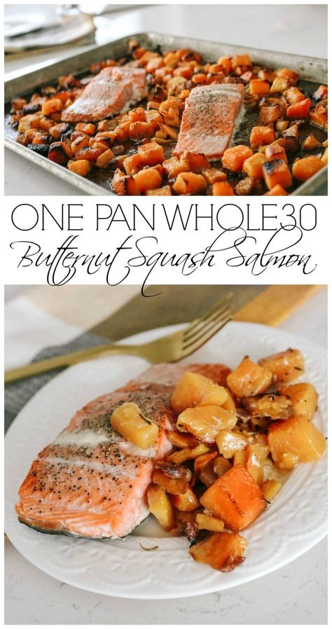 I love this one pan Whole30 butternut squash salmon because it’s so flavorful and literally the easiest dinner to make. | whole30 dinner ideas | healthy dinner recipes | salmon recipes | one pan dinner ideas || This Vivacious Life #whole30dinner #onepandinner Whole30 Dinner Ideas, Whole30 Butternut Squash, Healthy Dinner Recipes Salmon, Dinner Recipes Salmon, Easiest Dinner, Whole30 Dinner, Recipes Salmon, Whole30 Dinners, Easy To Make Dinners