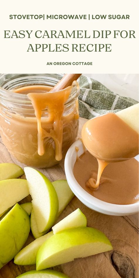 This caramel dip for apples recipe calls for just 4 ingredients, takes less than 15 minutes, and tastes WAY better than store-bought dips. Make it on the stove or take the shortcut route with a microwave with either the original or the lower-sugar version - you won't believe how yummy this smooth, creamy dip is with apples - and lots of other things like ice cream and apple pie. Pair it with a fall apple tasting for a tradition your friends and family will look forward to it every year! How To Make Caramel For Apples, Caramel Apple Recipes Homemade, Dipping Caramel For Apples, Apple Sauce, Caramel Dip For Apples, Homemade Caramel For Dipping Apples, Homemade Apple Carmel Dip, Easy Caramel Dip For Apples, Caramel Apples Homemade