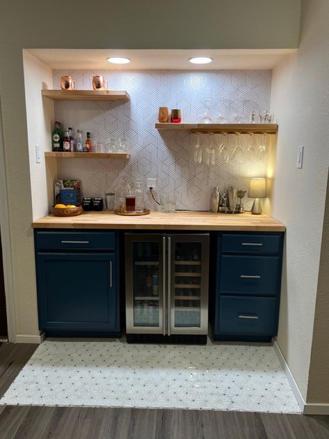 Bar Shelves Ideas, Bar With Floating Shelves, Oak Pantry, Butcher Block Shelves, Wine And Beverage Cooler, Small Wet Bar, Dry Bar Ideas, Wet Bar Basement, Basement Wet Bar