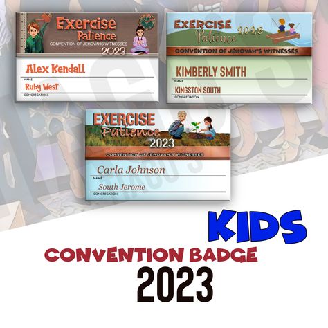 "JW.ORG 2023 Regional convention Name Tags - Kids version. \"Exercise Patience\".  Aluminum 2 1/8\"x 3 3/8\"  personalized. We've included a the option to add an emergency contact in the backside of the badge." Jw Convention 2023, Exercise Patience Jw, Exercise Patience Convention, Exercise Patience, Jw Convention, Emergency Contact, Jehovah's Witnesses, Name Tags, Keep In Mind